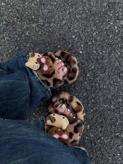 Hello Kitty Leopard Print Fluffy Slippers