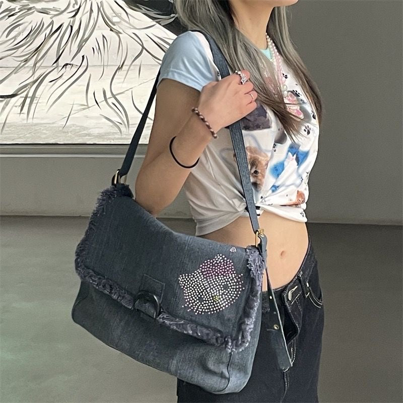 Demin Cross body Bag with Diamond Kitty Design