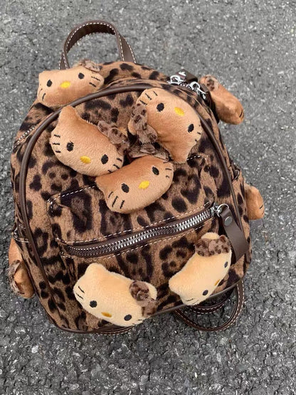 Leopard print backpack with kitty head