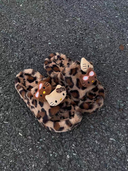 Hello Kitty Leopard Print Fluffy Slippers