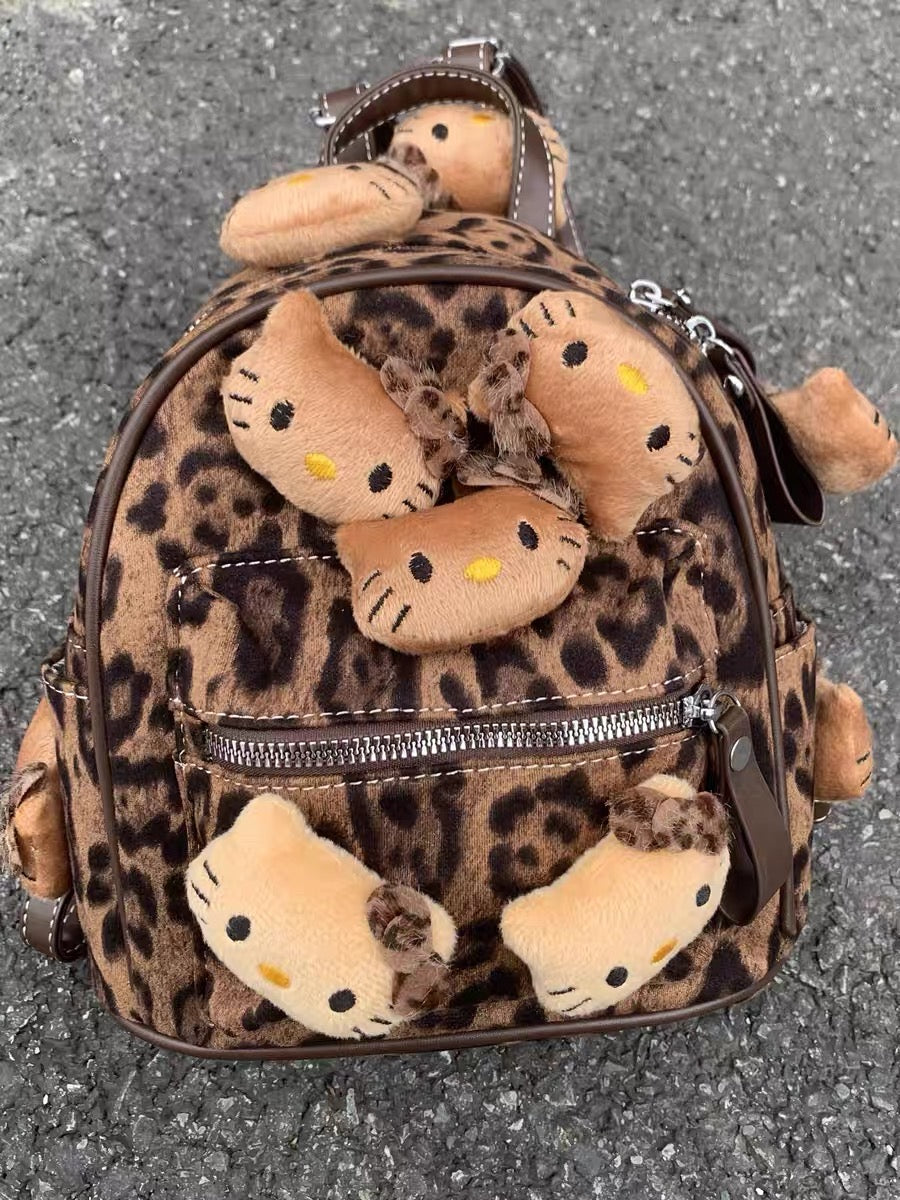 Leopard print backpack with kitty head