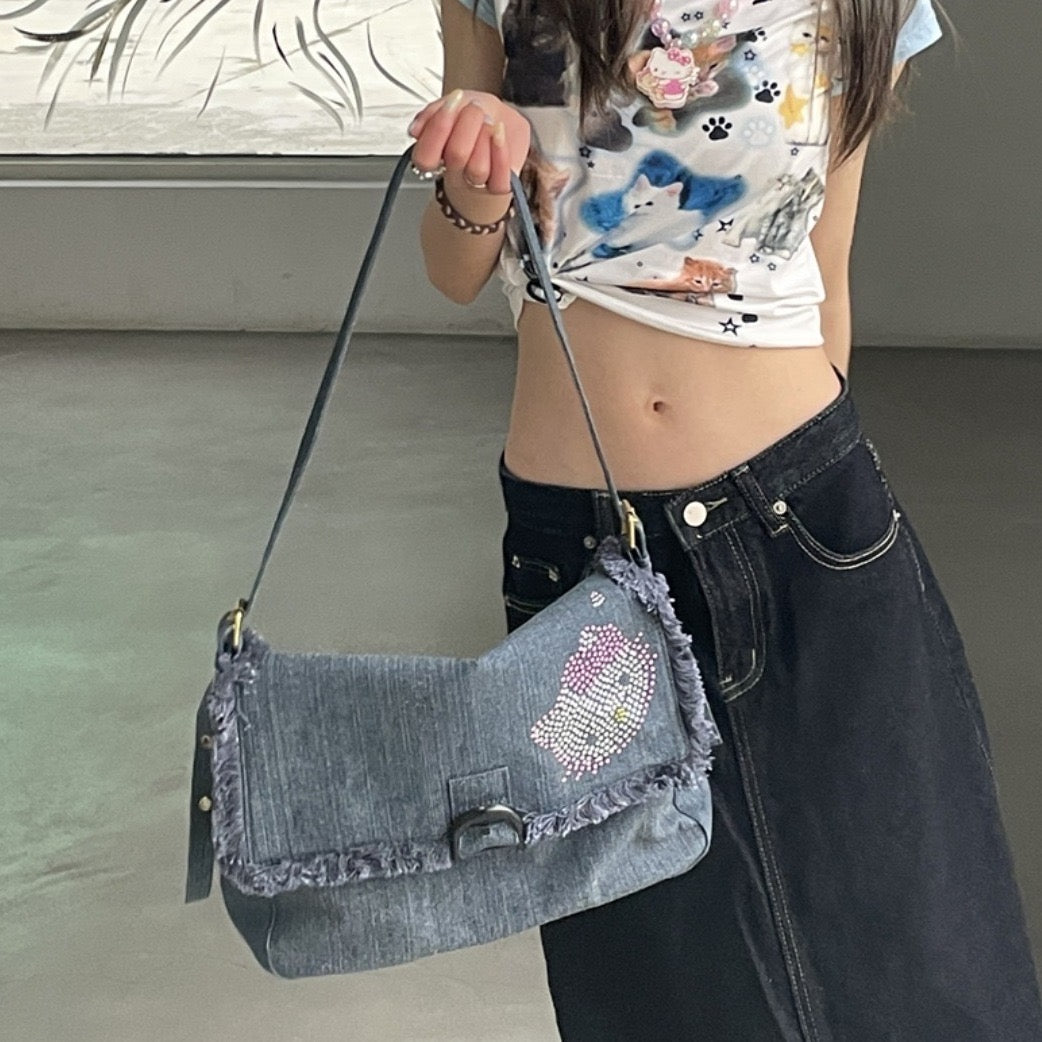 Demin Cross body Bag with Diamond Kitty Design