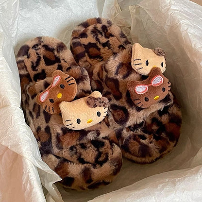 Hello Kitty Leopard Print Fluffy Slippers