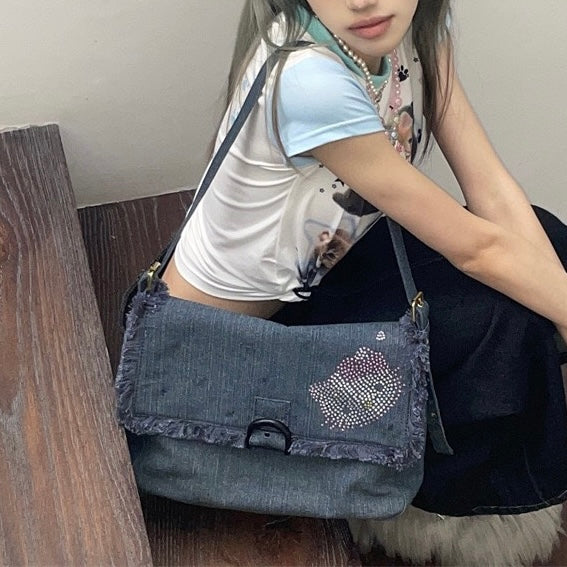 Demin Cross body Bag with Diamond Kitty Design