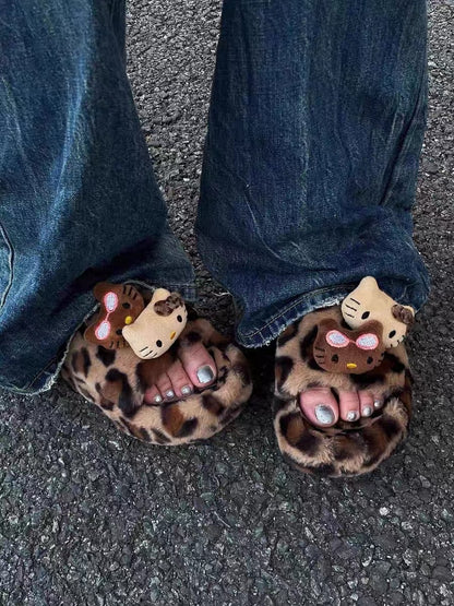 Hello Kitty Leopard Print Fluffy Slippers